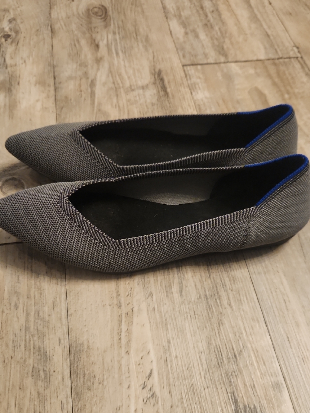Rothy's Gray Pointed-Toe Flat with Blue Trim